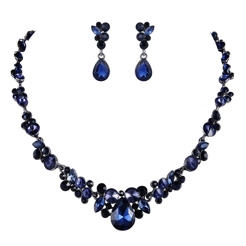 EVER FAITH Women's Austrian Crystal Bridal Floral Teardrop Necklace Earrings Set Dark Blue Black-Tone 20.2'' - Image 1